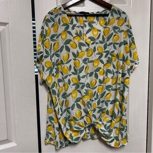 West Kei Women’s Blouse Yellow Lemons Green Leaves XXL Front Tie